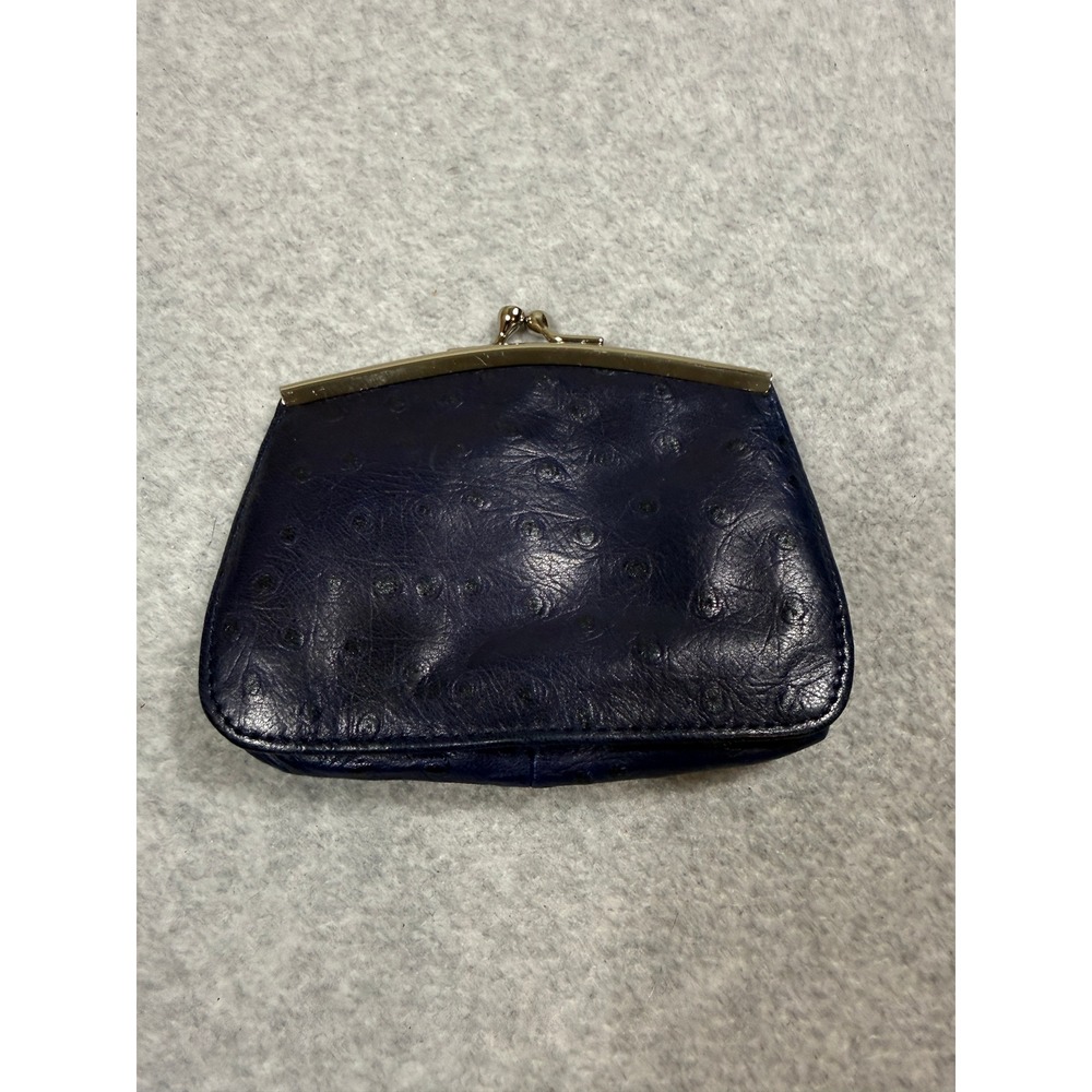 Wilsons Leather Navy Blue Ostrich Embossed Kisslock Coin Purse Card Holder